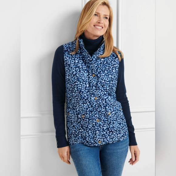 NWT Talbots Quilted Blue Abstract Leopard Diamond Print Vest Size Large Petites - Picture 15 of 16